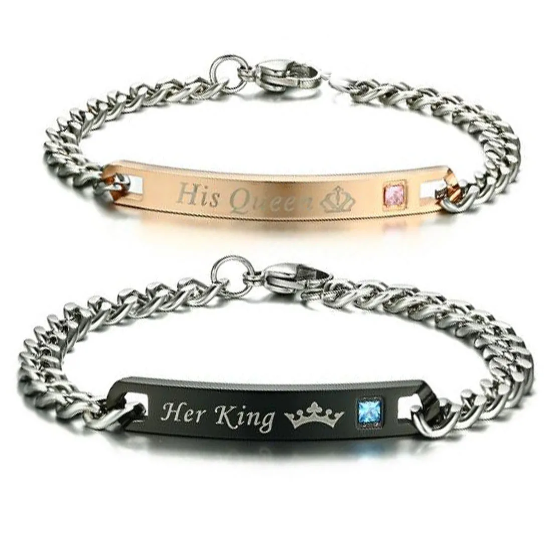 

BRJSF00019 2 PCS Her Prince His Princess Lovers 316L Stainless Steel Link Chain Identification Couple Bracelet