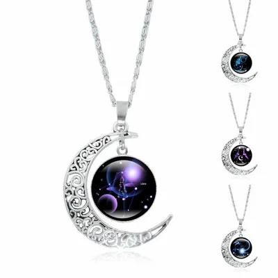 

2021 Hot Sale DIY Customized Pendant Neckalce Fashion Glow in The Dark Glass Gem Crescent Moon Necklace 12 Zodiac Necklace, As picture