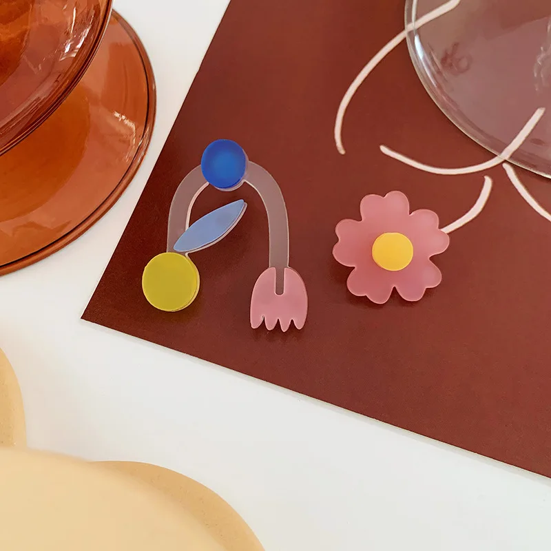 

Ding yi Summer new style asymmetric resin flower earrings silver needle pink acrylic earrings for women