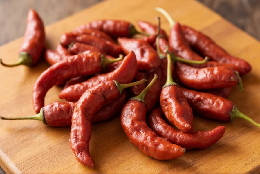 Close-up photograph of dried guajillo peppers showing their smooth, reddish-brown skin and distinctive curved shape on a wooden cutting board
