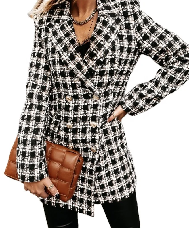 

New Design Checked Plaid Tweed Elegant Fancy Korean Fashion Unique Women Winter Coats Blazers Ladies Women