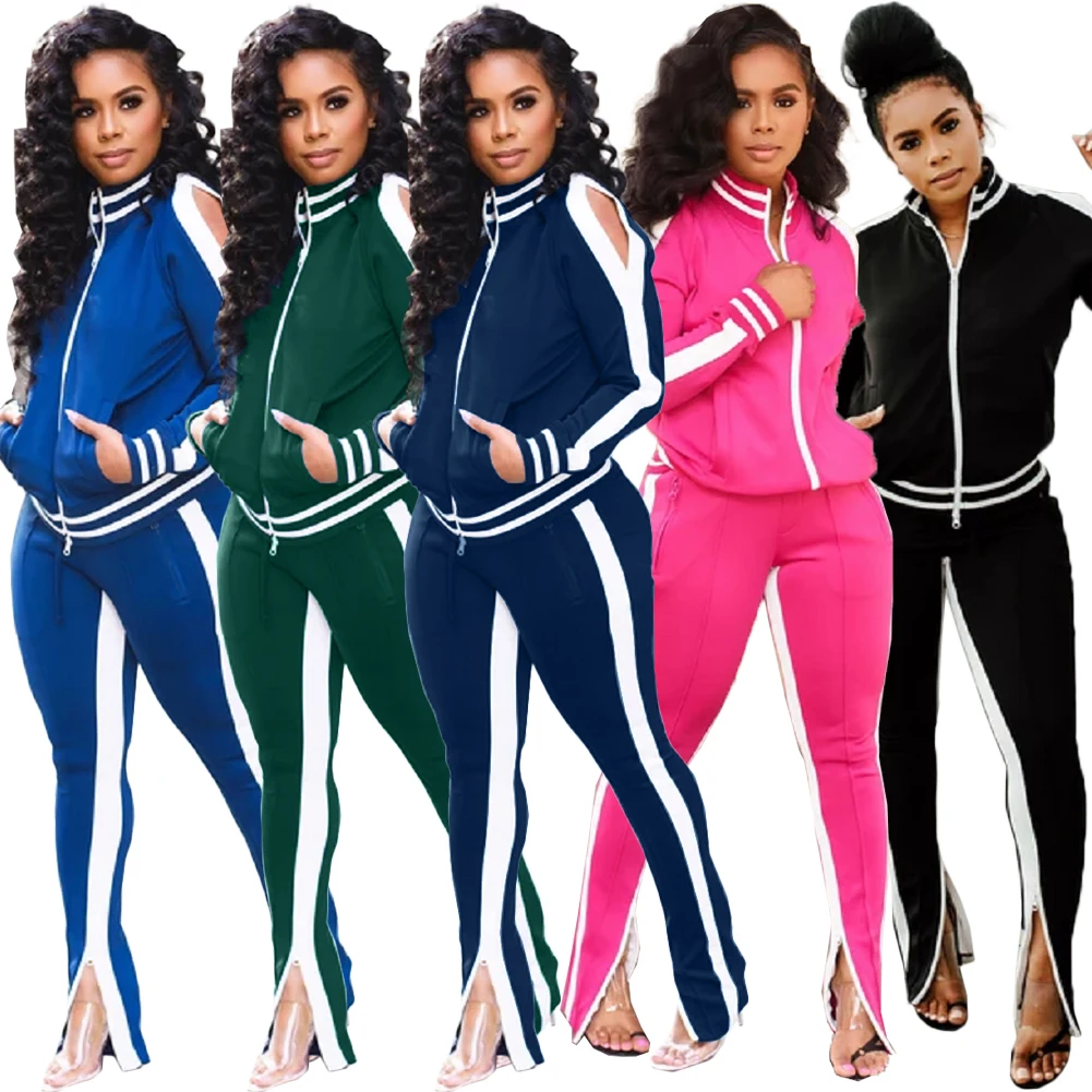 

Autumn Striped Long-sleeved Sportswear Off-the-shoulder Bodysuit Outfit 2 Piece Set women, Black, blue, navy blue, red, dark green