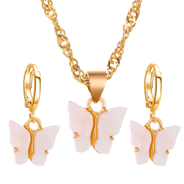 

Fashion trendy accessories earrings necklace acrylic butterfly charm pendant gold blue pink butterfly jewelry set, Gold&silver