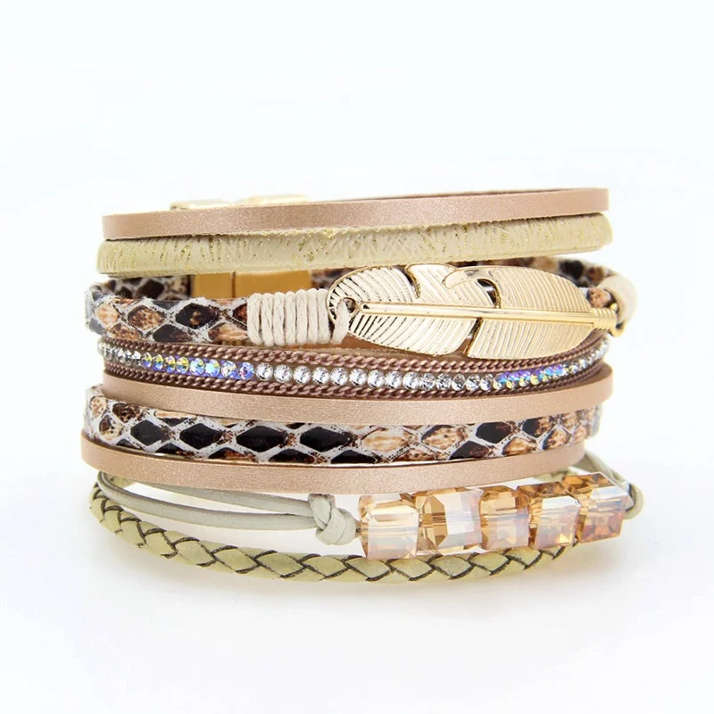 

2022 New Fashion Women Mixed Alloy Feather Multicolor Crystal Beads Multi Layer PU Leather Wrap Bracelet Jewelry, Customized color