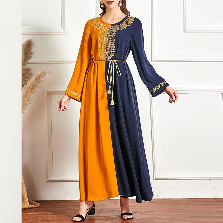 

Contrast color long sleeve embroidery fashion maxi dress women muslim, As the pic