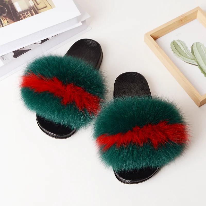 

Wholesale summer mixed color fur slippers style real 100% fox fur slippers for women beach, Customized color