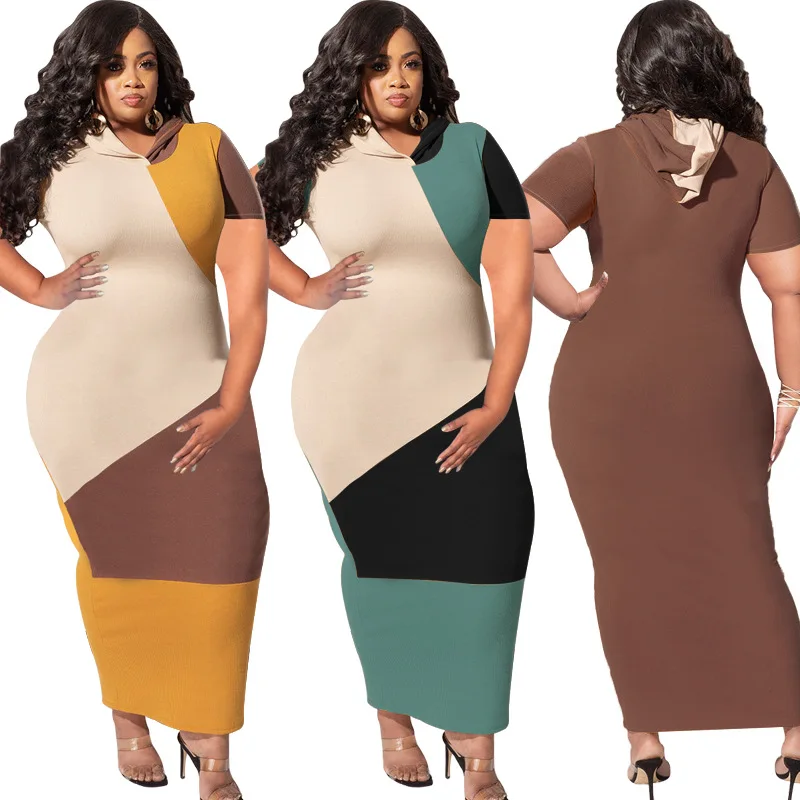 

High Quality M04636 - fashion color blocking hooded short sleeve women dresses plus size