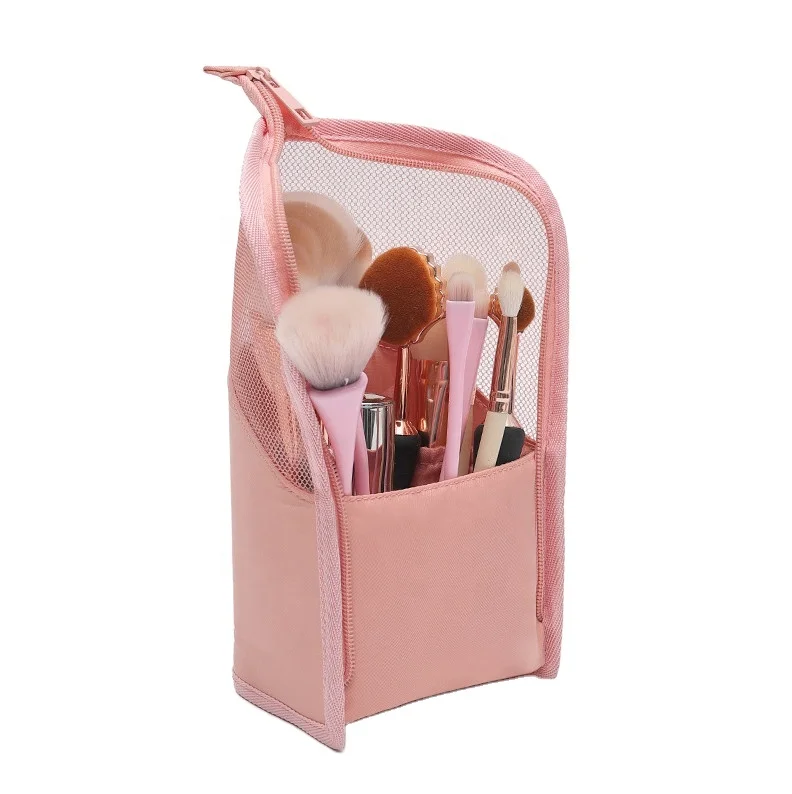 

Fashion Wholesale Pink Pu Leather Brush Organizer Holder Travel Mesh See Through Makeup Brush Organiser Bag, Black, customized color