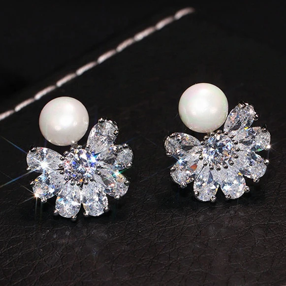 

CAOSHI Glitter Sweet Pearl Stud Earrings Pure Flower CZ Romantic Girls Korean Design Lady Women Silver Sweet Earrings Women