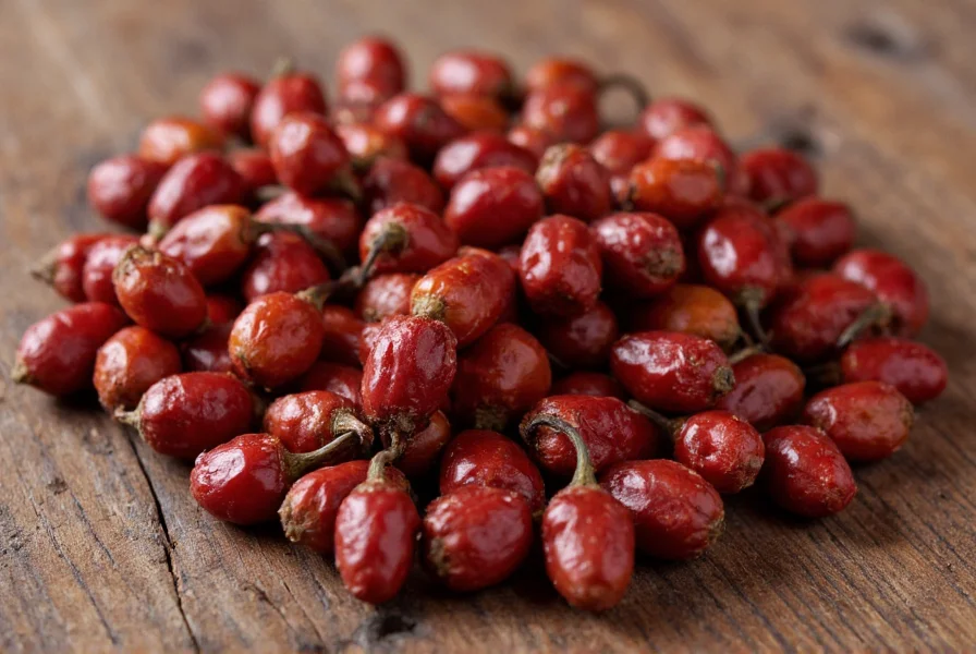 Close-up photograph of dried cascabel chilies showing their distinctive round shape, deep reddish-brown color, and smooth texture on a rustic wooden surface