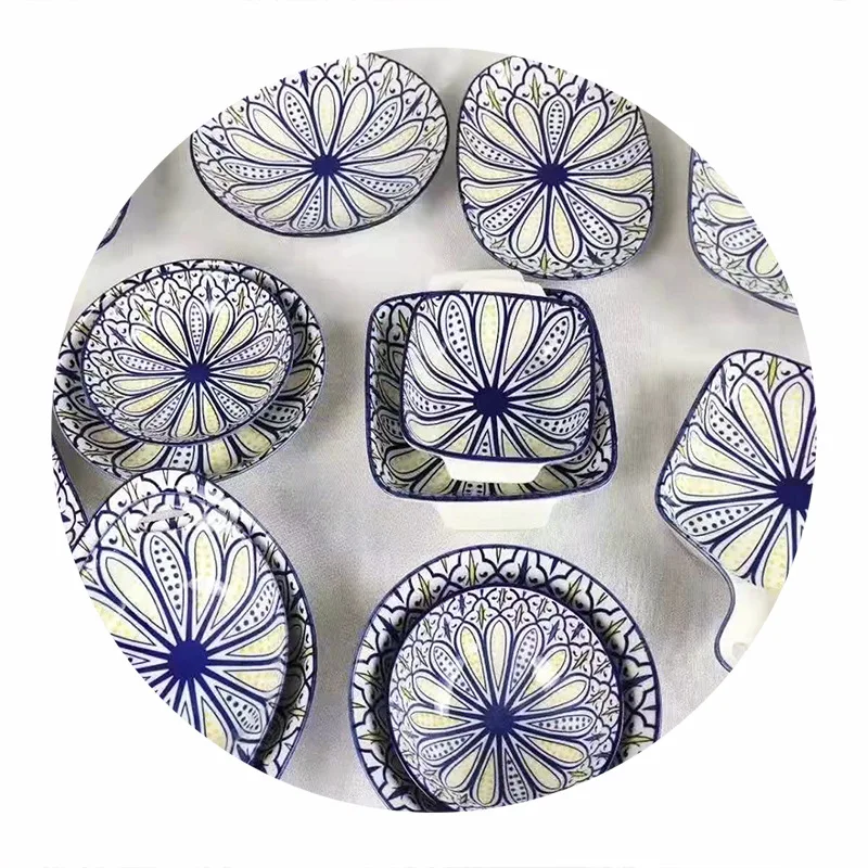 

Chaozhou Daily Tableware Set Wholesale European and American Style Supply Bowl Plate Underglaze Color Bohemian Foreign