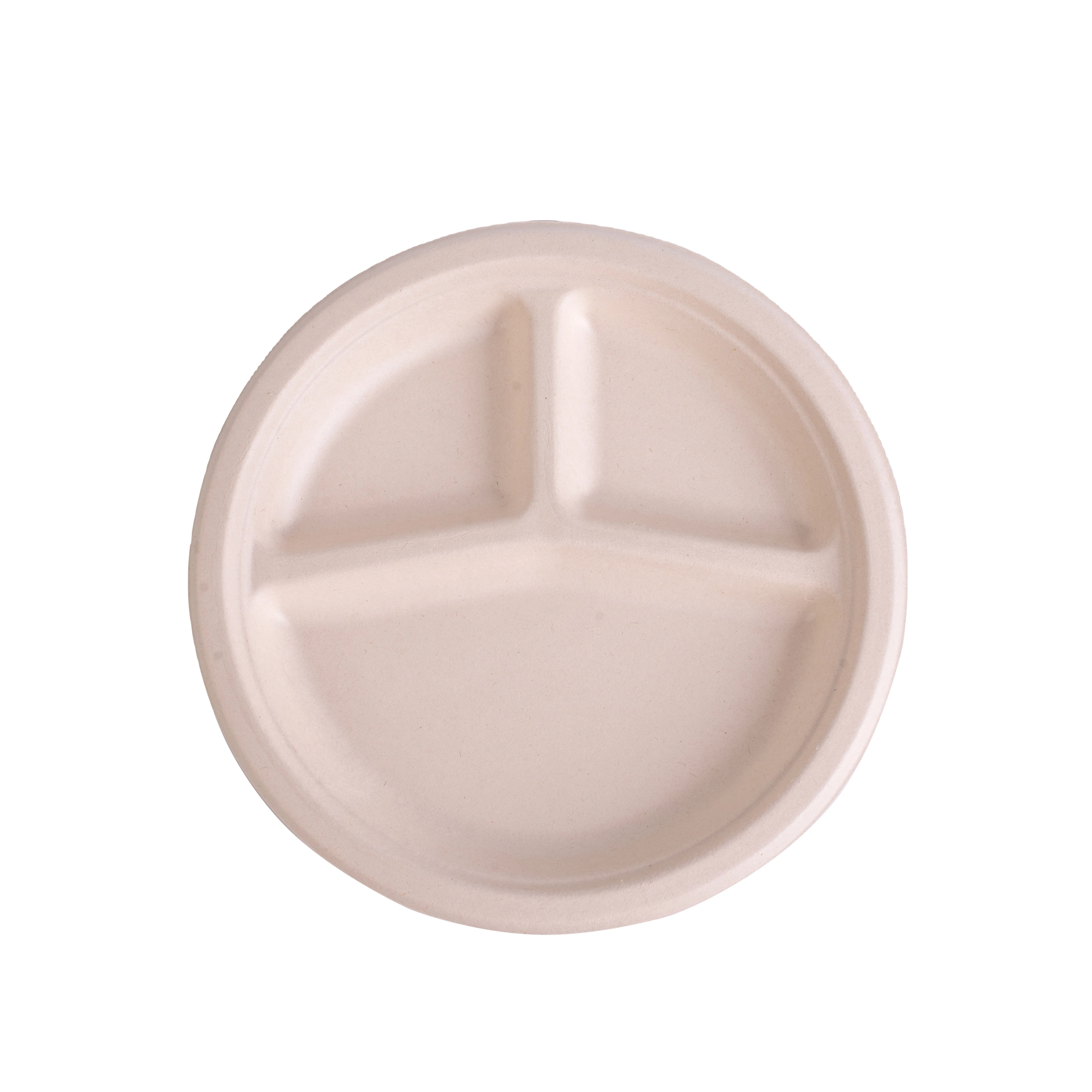 

Environmentally friendly disposable plate 100% biodegradable tableware, bagasse tableware plate 10 inch round three grid, White