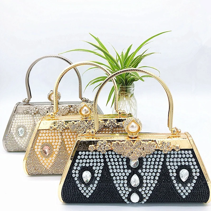 

Fashion women trapezoid pearl decorative bags beaded clutches diamond handbags, 18 colors