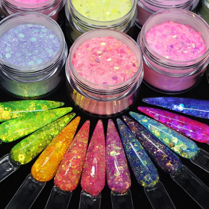 

OEM 15g Nail Art Acrylic Powder Jars Mixed Mermaid Hexagon Chunky Holographic Glitter Sequins For Diy Nail, Multi-color