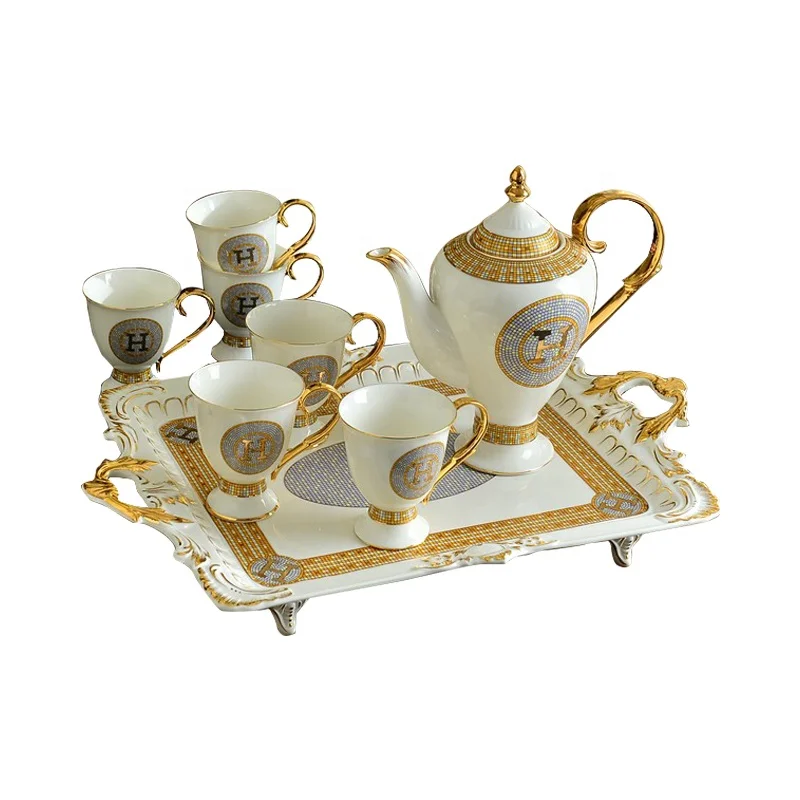 

On Sale Nordic Royal Gold Mosaic Home Decors Fine Bone China Gold Handle Coffee Tea Sets