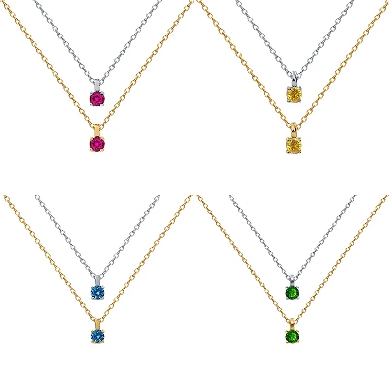 

New Trendy 925 Sterling Silver Mini Chains Birthstone Necklace Blue Yellow Green Rose Red Gemstones Pendant Necklaces for Women