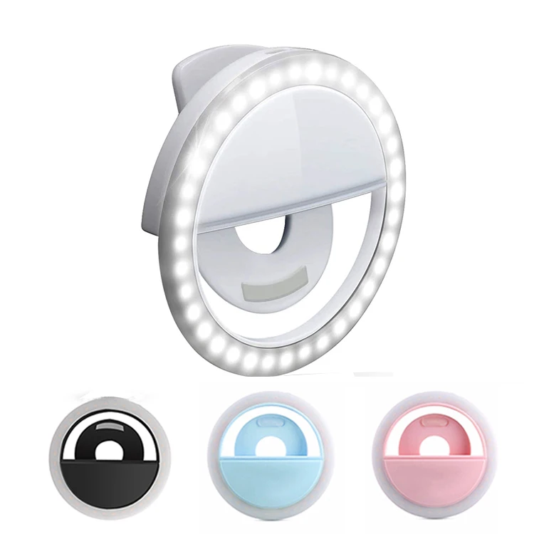 

Portable Rechargeable 3-Level Brightness Photography Clip-on Mobile Phone Mini LED Selfie Ring Light, Black pink blue white