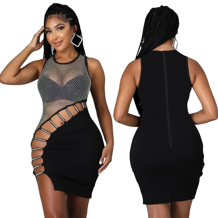 

2022 solid black fashion sexy hollow out cutout Rhinestone vest mini party dress