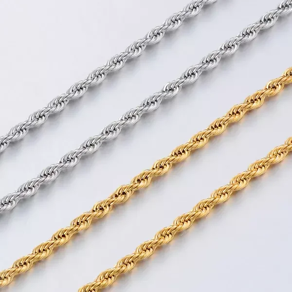 Wholesale 2mm 3mm 4mm 5mm Stainless Steel Plated 14k 18k Gold Vermeil Thin Rope Chain Necklace Twisted Rope Gold Chain
