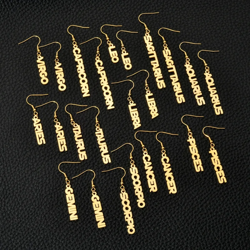 

Zodiac Earrings Stainless Steel Drop Earrings 18K Gold Plated Trendy Wholesale 12 Constellation Pendant Temperament Long Earring