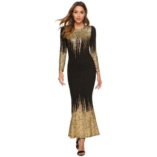 

Women Fashion Bronzed Gold/Silver Print Slim Cotton Long Sleeve Party Evening Dress