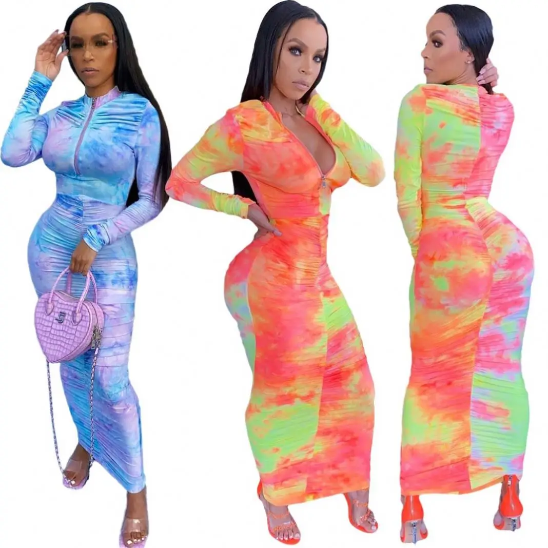 

Clothing manufactuers 2021 wholesale ladies fashion cotton candy gradient bluey color pleated zipper long-sleeved maxi dress