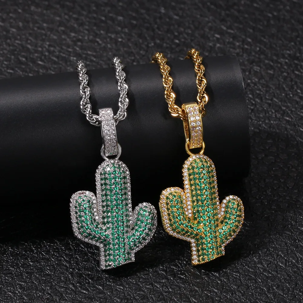 

New Arrival fashion full drill zircon diamond pendant necklaces green natural plant Cactus hip hop rap rock pendant men jewelry, Gold, silver