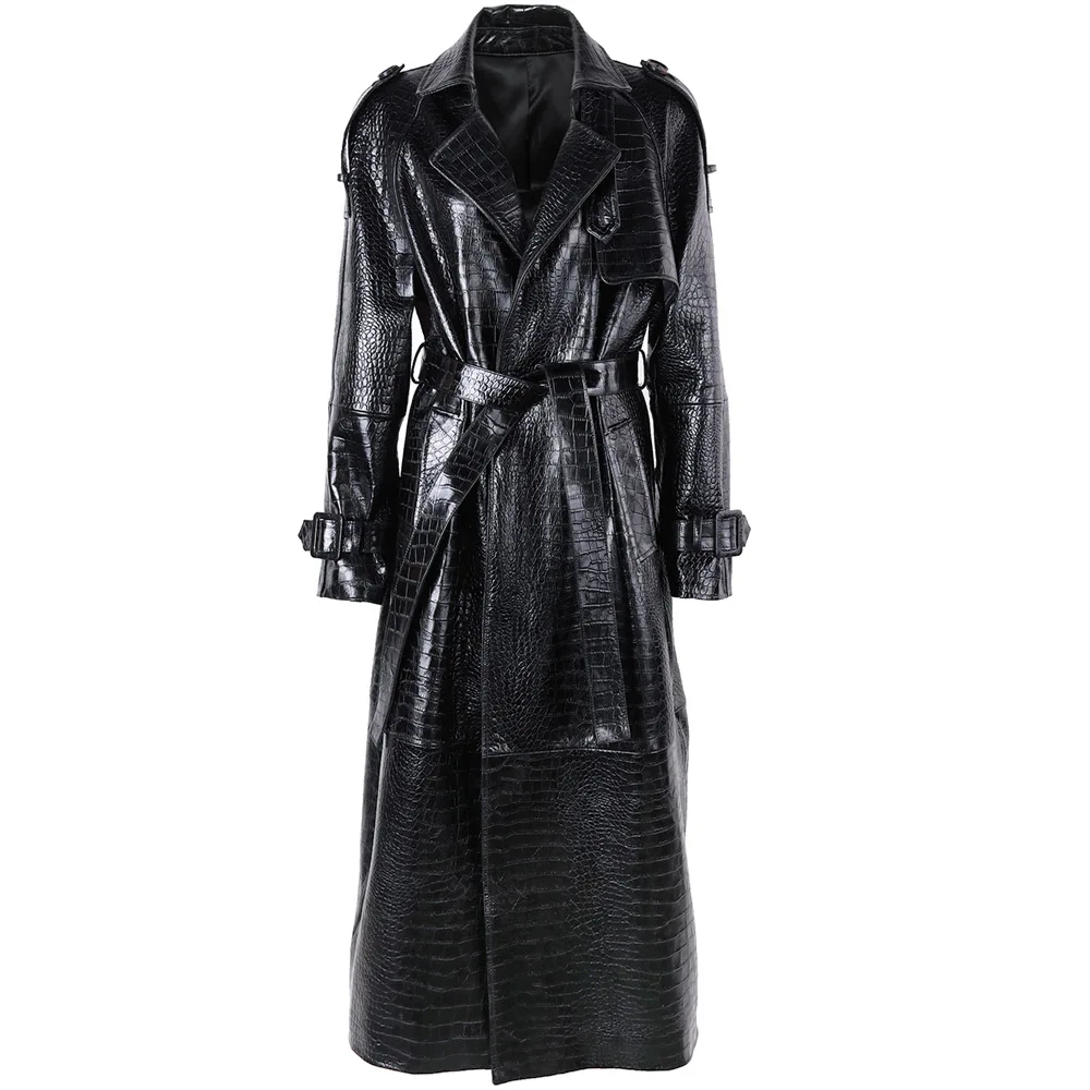 

Women Real Leather Trench Coat High Quality Crocodile Pattern Long Leather Coat Ladies Streetwear