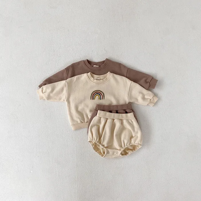 

Korean Style Autumn Newborn Baby Clothing Sets Rainbow Embroidery Tops Shorts 2pcs Toddlers Kids Outfits Infants Casual Suits