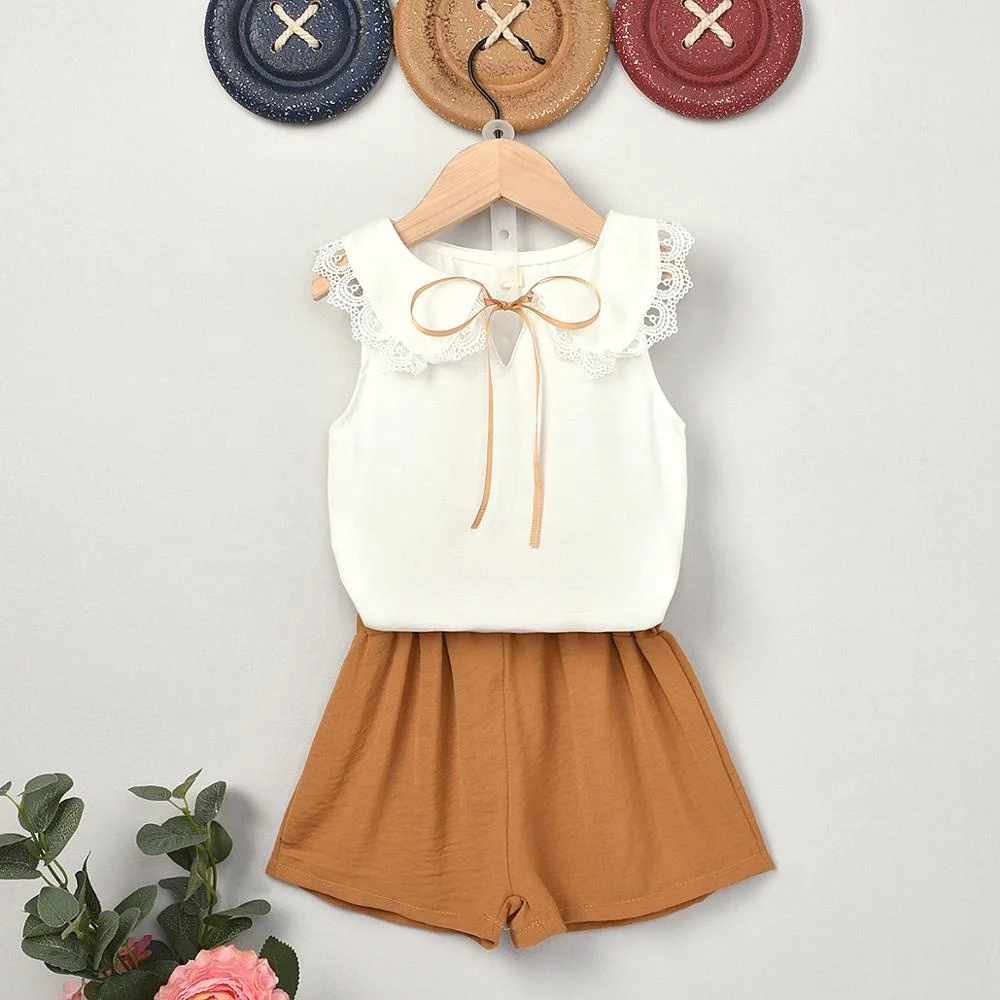 

B51902A 2020 Summer new little girls korean fashion sleeveless two-piece shorts set, White/yellow