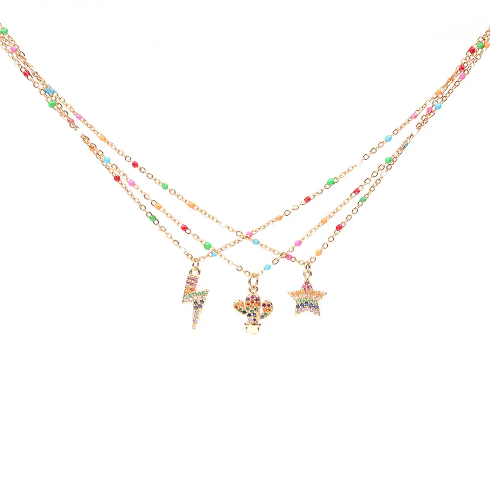 

Stainless Steel Colorful Beads Chain Necklace Creative Design Diamond Star Lightning Pendant Necklace for Women, Gold