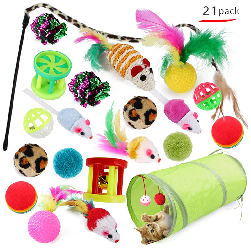 

21 Cat Toys Kitten Toys Assortments Tunnel Cat Feather Teaser Wand Toy Fluffy Mouse Crinkle Balls for Cat Puppy, Picture
