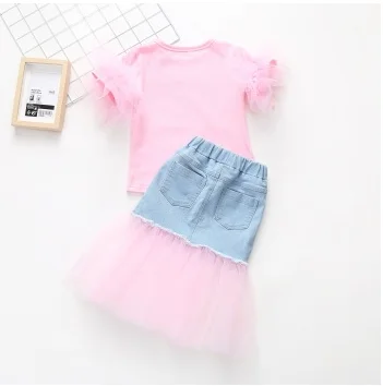 

2020 new hot sell Summer new little girls fashion sweet short sleeve t-shirt with skirt 2pcs outfits, As picture