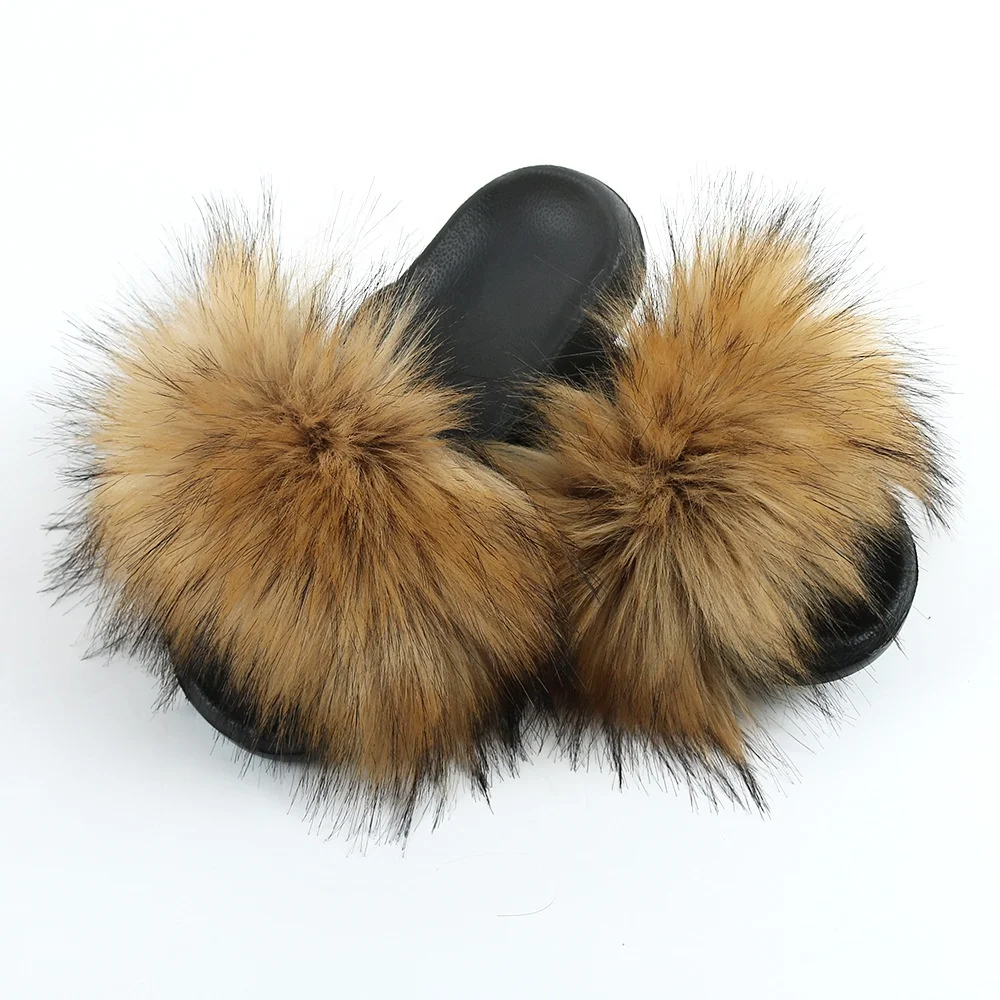 

Factory high quality US popular pvc slides ladies raccoon fur slippers women soft raccoon fur slippers slides For women, 40 color options