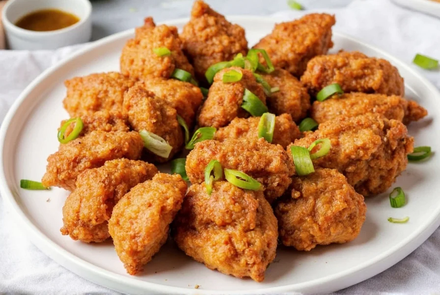 Crispy salty pepper chicken pieces with visible coarse salt and pepper coating on white plate with scallion garnish