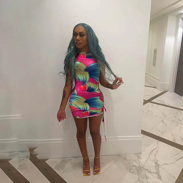

Contrast Color Print Sleeveless Drawstring Dresses Women Summer Sleeveless Casual Dress -PT, Pink,yellow,orange,blue