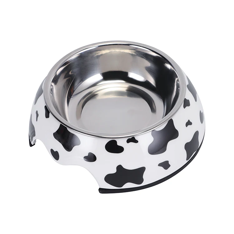 

Hot sale New design stainless steel anti-skid rubber ring round melamine pet bowl for dog, White with decal