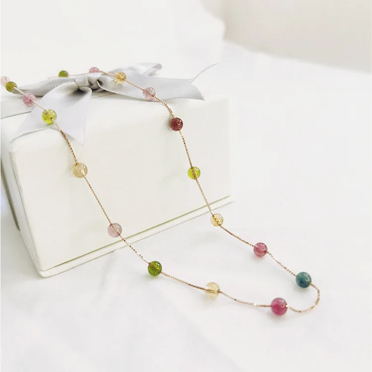 

Sweet Rose Gold Necklace With Natural Stone Tourmaline Bead Necklace Sterling Silver Necklace For Women