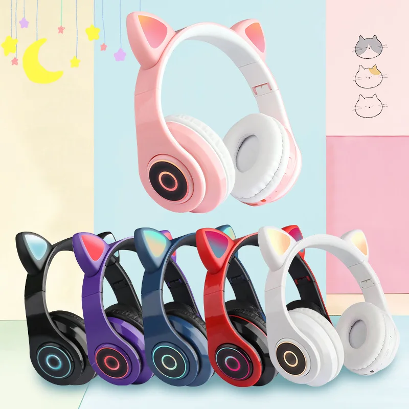 

B39 Wireless Headphone Cat Ear Foldable Stereo Music Headset LED Light Volume Control Hands-free BT Earphone