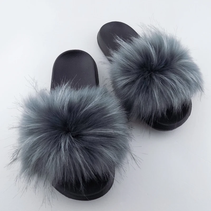 2019 Best seller Faux Fur fox raccoon fur slide women fluffy racoon fur slipper