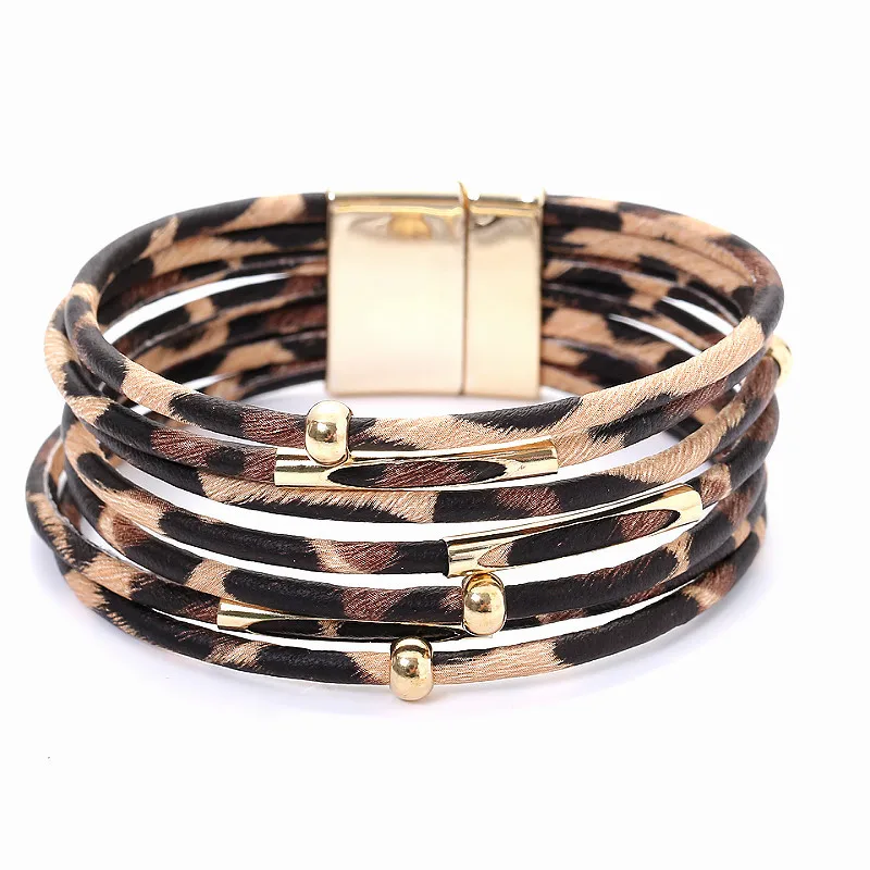 

2019 New Multilayer Leather Cuff Bracelet Leopard Bracelets for Women Metal Pipe Charm Multilayer Wide Leather Wrap Bracelet, As the picturs 3 colors