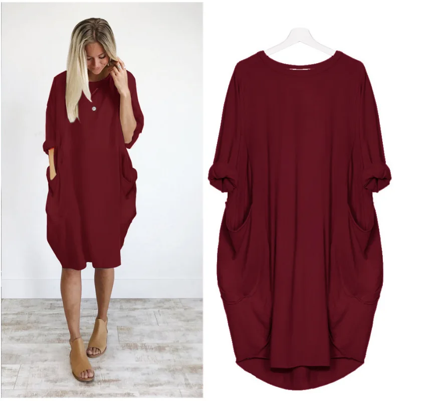 

Casual Loose Dress with Pocket Ladies Fashion O Neck Long Tops Female T Shirt women plus size dresses, Picture color