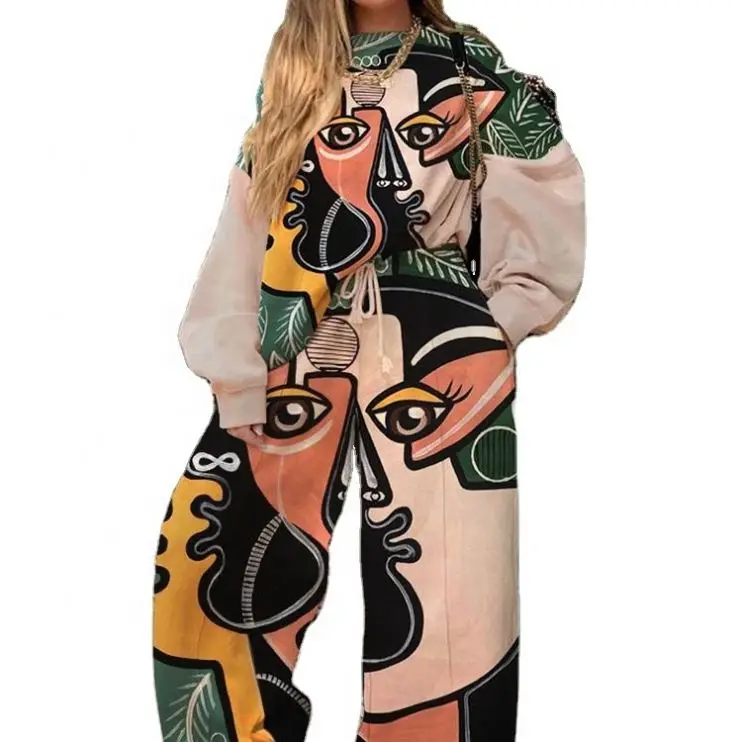 

Wholesale ladies new two-piece padded long-sleeved printing leisure sports suit plus size women clothing
