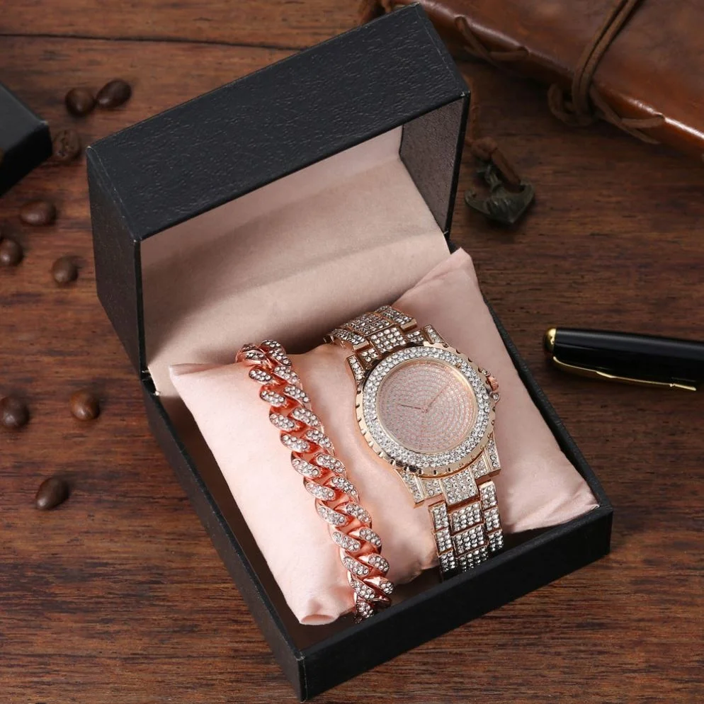 

Fashion Iced Out Watch Women Stainless Steel Diamond Set With Cuban Link Bracelet Jewelry Sets