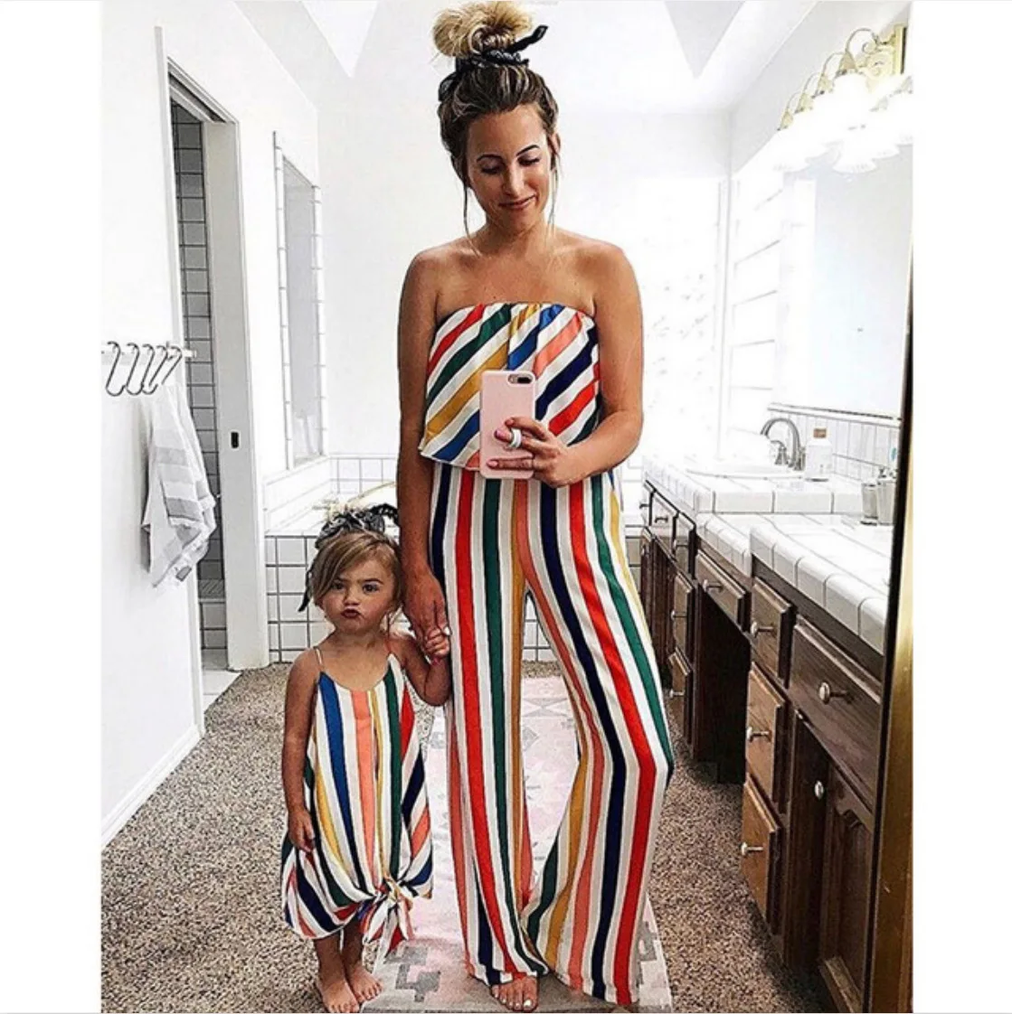 

New Design Mommy And Me Outfits Girls Off Shoulder Striped Mother And Daughter Matching Clothes