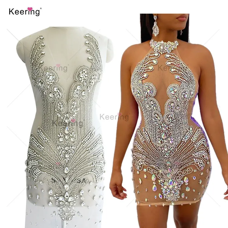 

Wholesale rhinestone bodice applique crystal panel for rhinestone dress WD-245, Silver with nude mesh