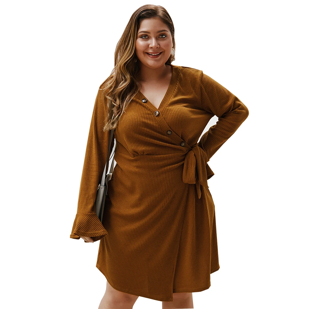 

2021 Wholesale Popular Plus-Size rib knit dress long sleeve for fat girl
