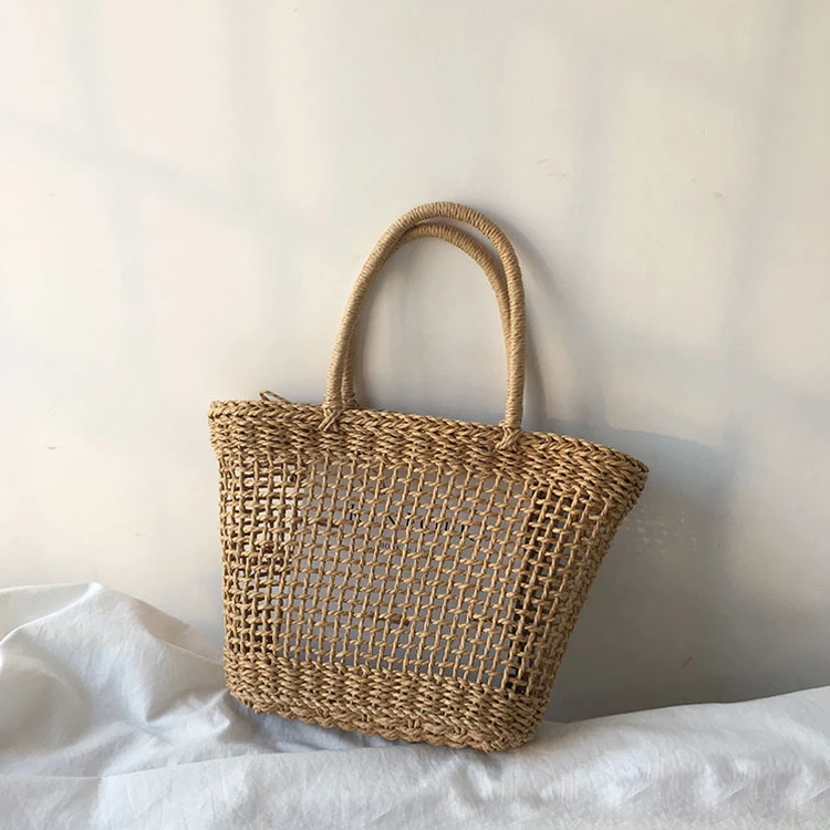 

wholesale natural women hollow out big rattan bag summer paper straw beach handbag for holiday, Beige,brown