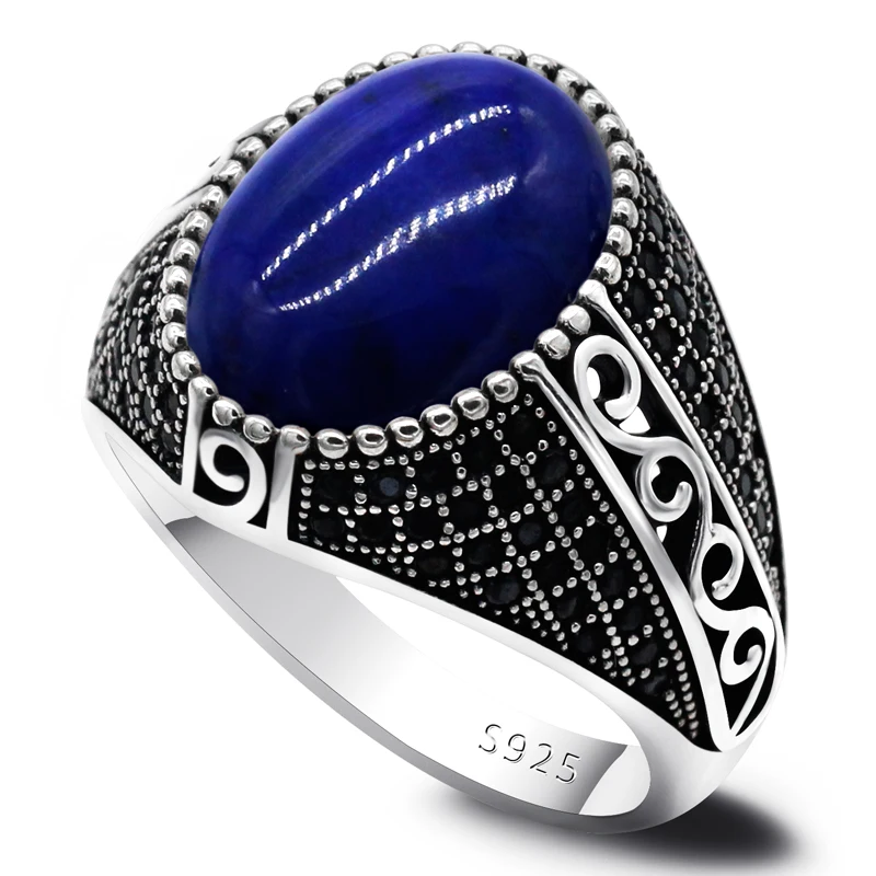 

925 Sterling Silver Men's Ring With Dark Blue Lapis Lazuli Vintage Thai Silver Ring With Black CZ Men's Turkish Jewelry 925 Ste