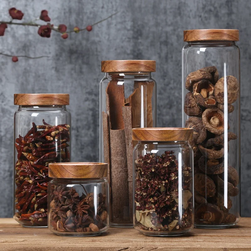 

Mouth-blown High Quality Borosilicate Glass Storage Jar with Acacia Wooden Screw Lid, Clear